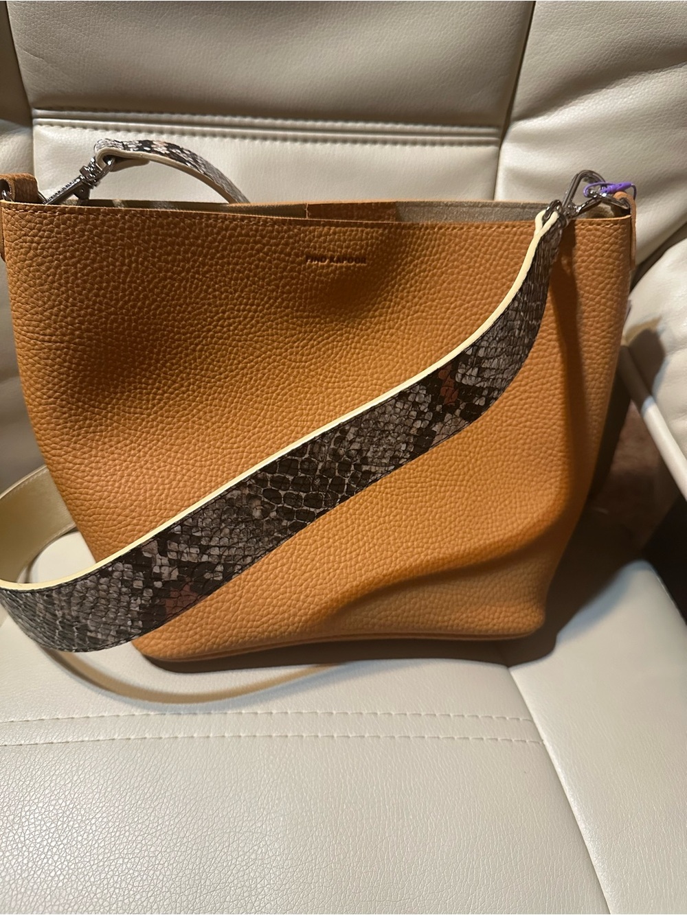 FindKapoor Leather Tote Bag with Snake-Print Strap - Mustard